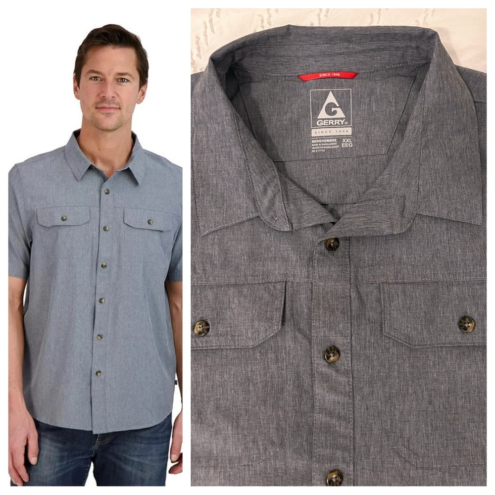 Gerry Men’s Outdoor Hiking Woven Button Down Camp Shirt Blue/Gray XXL 40+ UPF